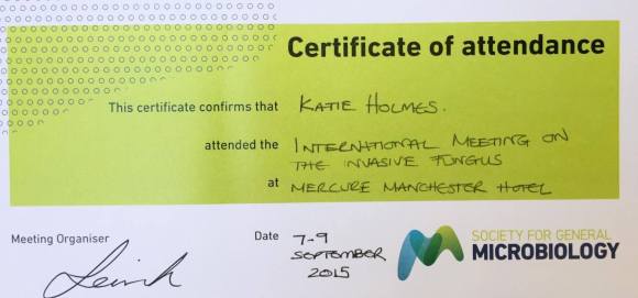 My certificate of attendance from the 'Invasive Fungus' conference, which brings back memories of the wonderful buffet that was provided